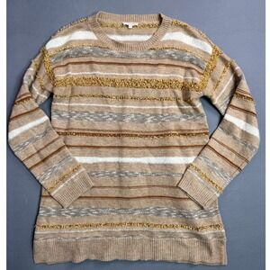 Mystree Striped Sweater Fringe Detail‎ Tunic Top Knitwear Neutral Colors Medium